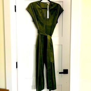 Velvet tie waist green jumpsuit